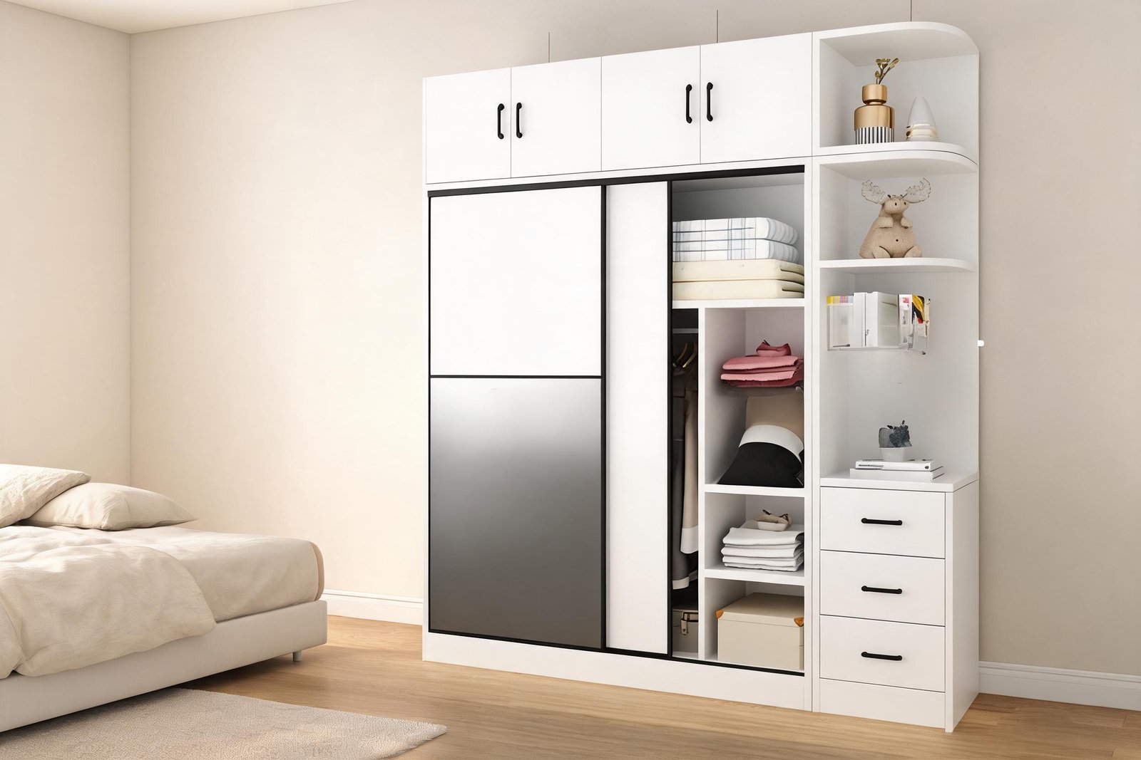 White sliding wardrobe with drawers, 94.5 inches tall and 50 cm deep, with a side column of open shelves and three drawers in a cream bedroom