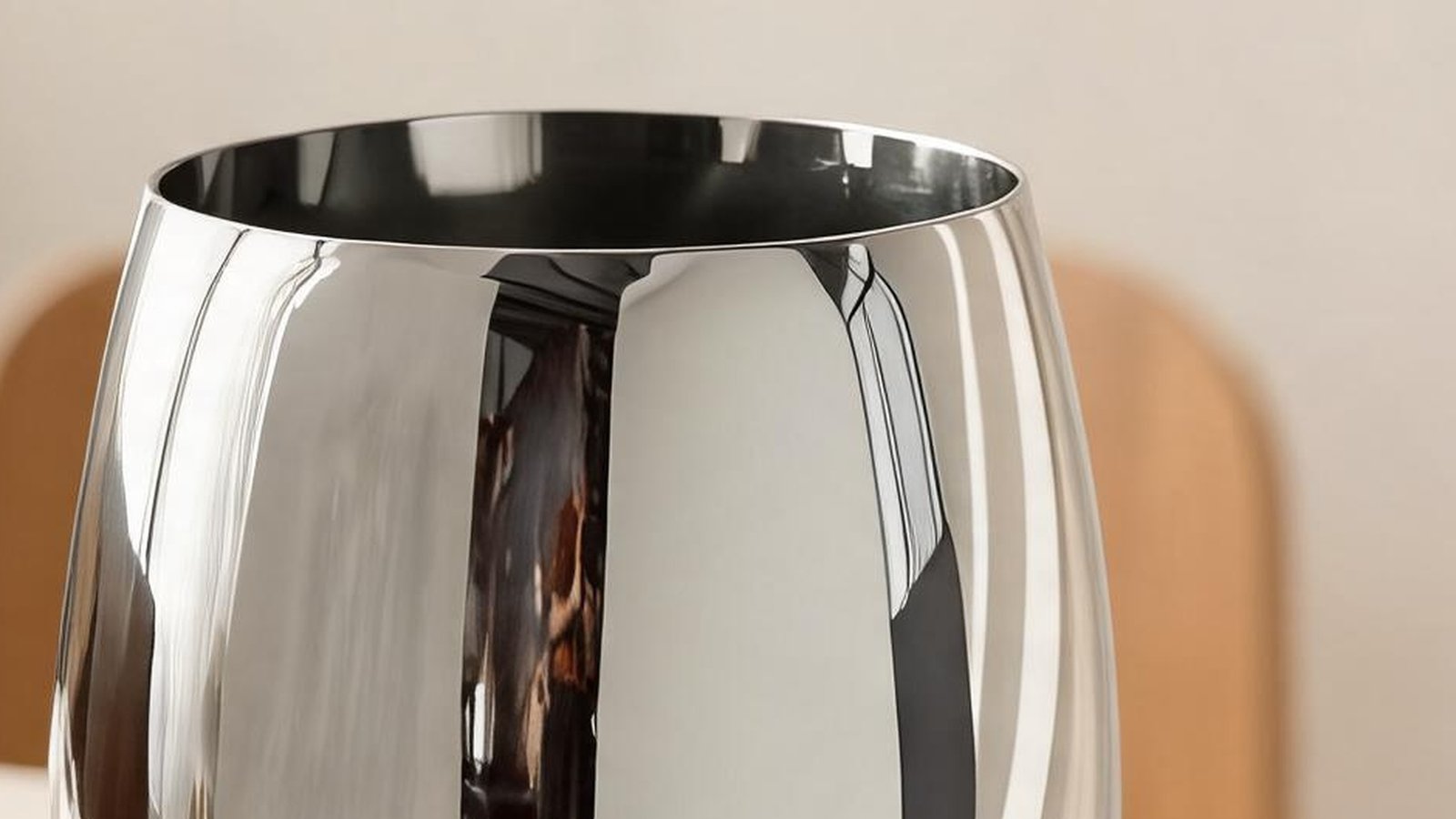 rim edge of a mirror polished stainless steel ice bucket curving outward into the bulging wall