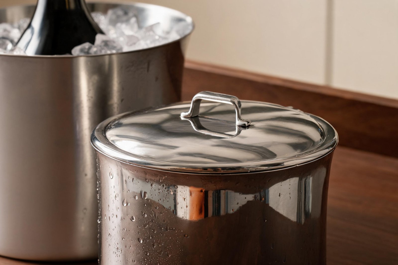 Close up of a stainless steel ice bucket with lid, the flat polished lid and arched knob handle covered in condensation on the double layer bucket of a hostess gift ideas ice suite