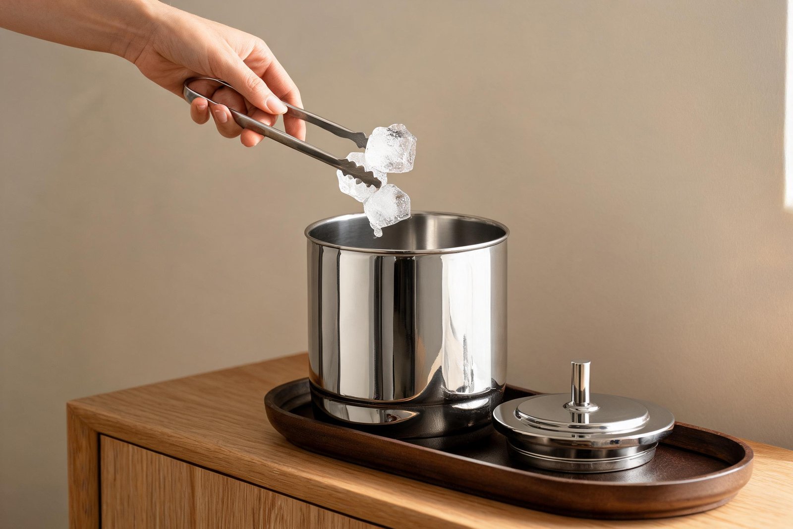 Table ice bucket being filled: a hand dropping ice cubes in with steel tongs