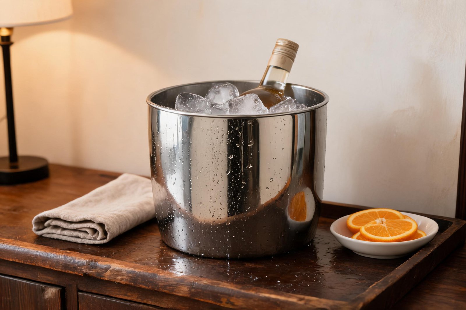 Thanksgiving bar setup detail: condensation running down the mirror polished steel ice bucket wall, with a tray underneath