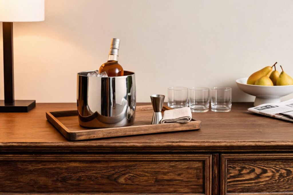 Thanksgiving bar setup: a mirror polished steel ice bucket on a tray at the left of a small drinks station