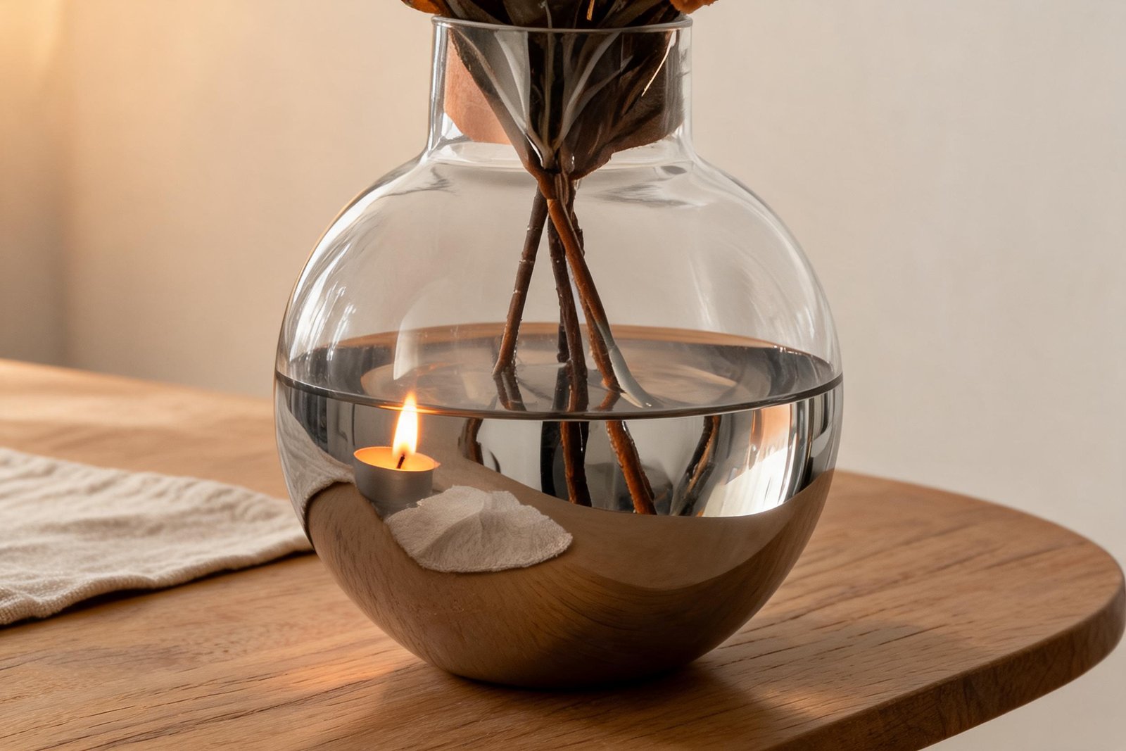 Detail of the mirror polished lower half of a stainless steel vase reflecting a candle flame and linen runner, with dried stems and the water line visible through the clear upper body