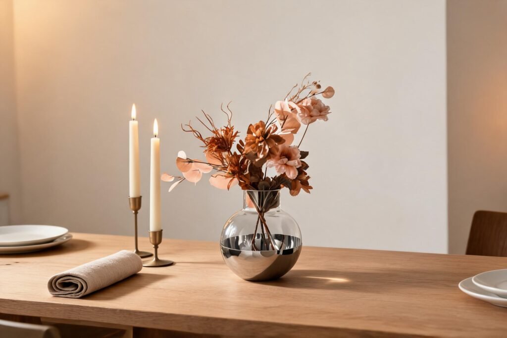 Thanksgiving centerpiece ideas with a mirror polished sphere vase holding a low arrangement of dried stems on a light oak dining table in a cream minimalist dining room
