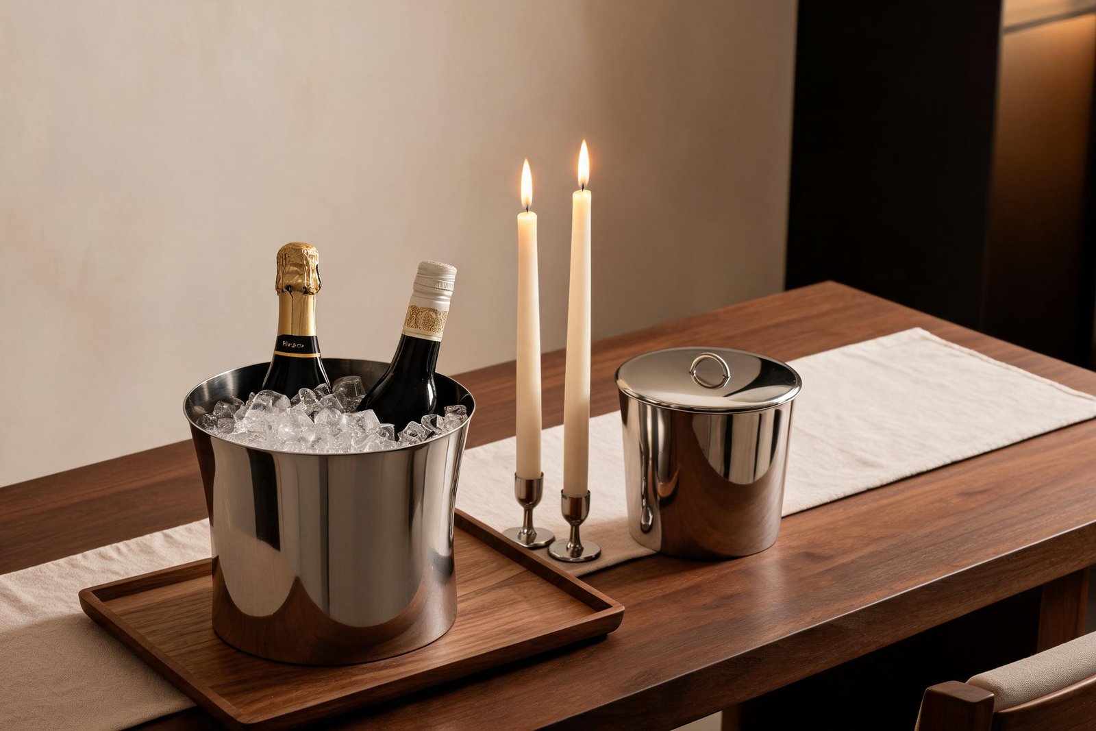 Thanksgiving hostess gift ideas scene with a mirror polished stainless steel ice bucket suite on a walnut tray at the end of a table set with candles and a linen runner
