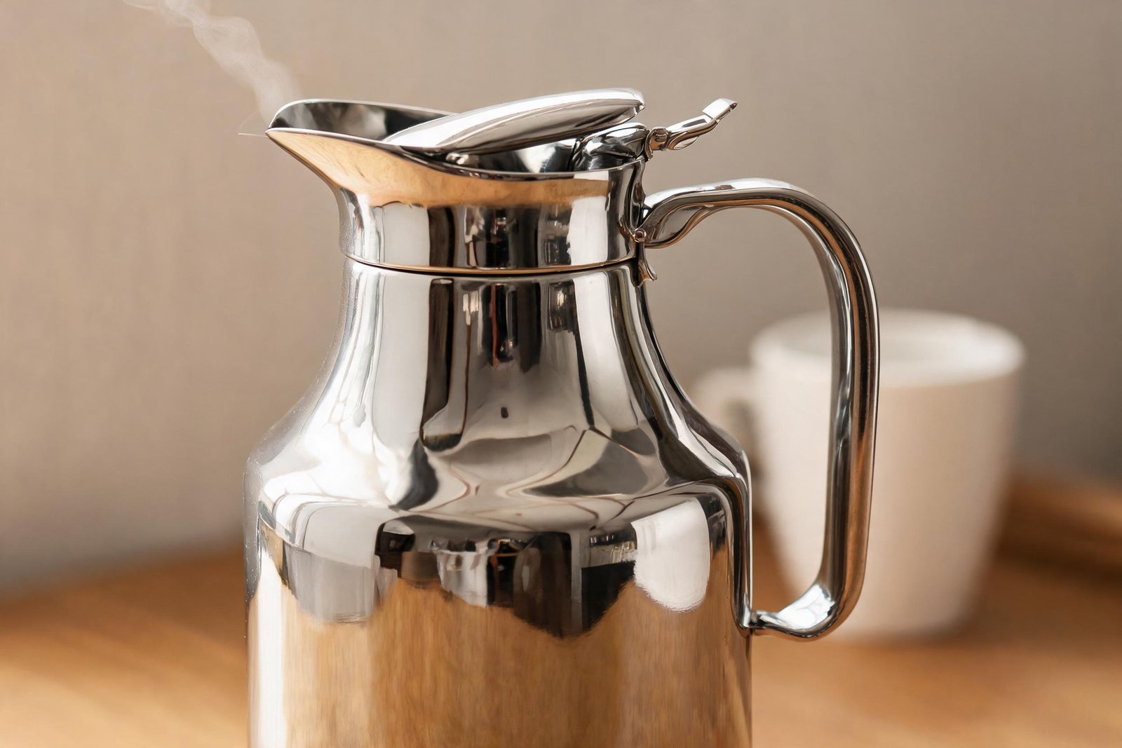 Close up of the lever lid, pouring spout and hinged loop handle of a mirror polished thermal carafe with steam rising from the spout