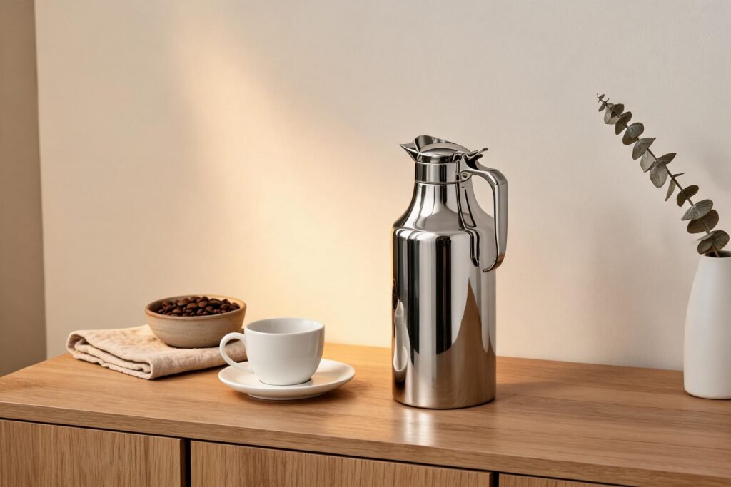 Mirror polished stainless steel thermal carafe with a closed lever lid standing on a warm oak sideboard beside a white cup in a cream minimalist kitchen