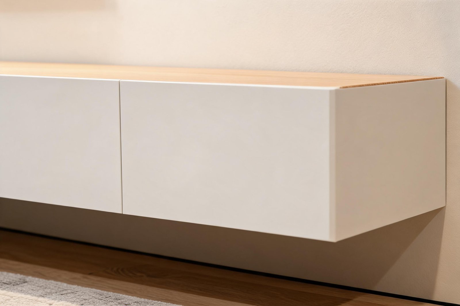 Close up of the handleless matte white drawer fronts and the light oak top edge of a tv stand for 65 inch tv