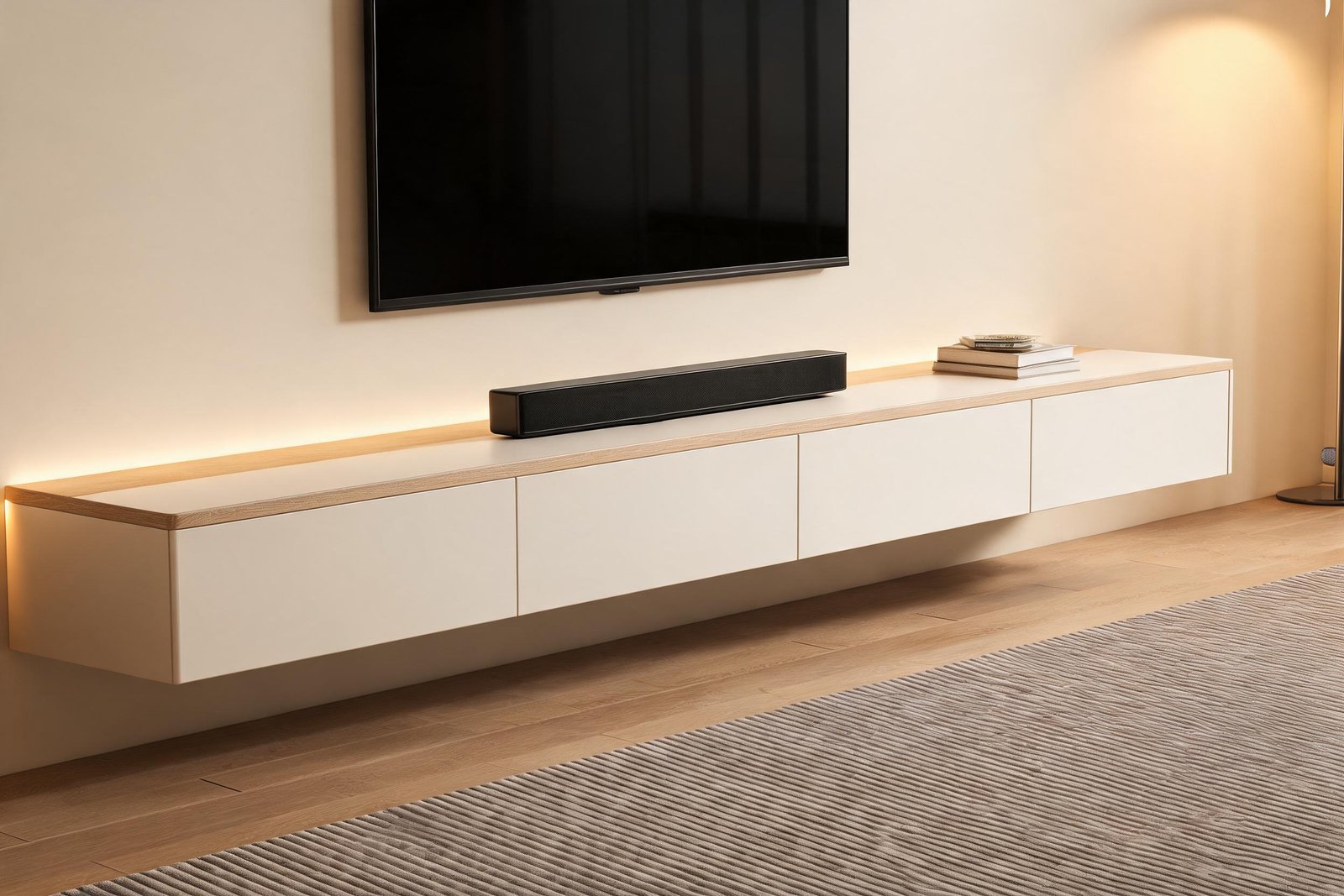 Three quarter evening view of a white tv stand for 65 inch tv with a soundbar on top and a wall mounted screen above