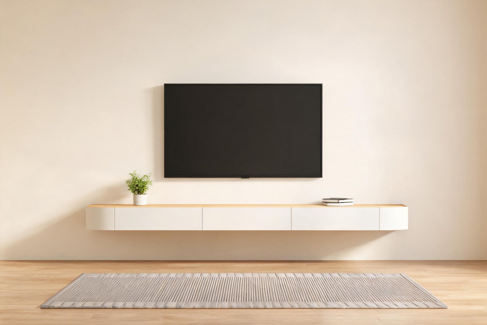 White floating tv stand for 65 inch tv wall hung below a 65 inch wall mounted flat screen in a cream minimalist living room