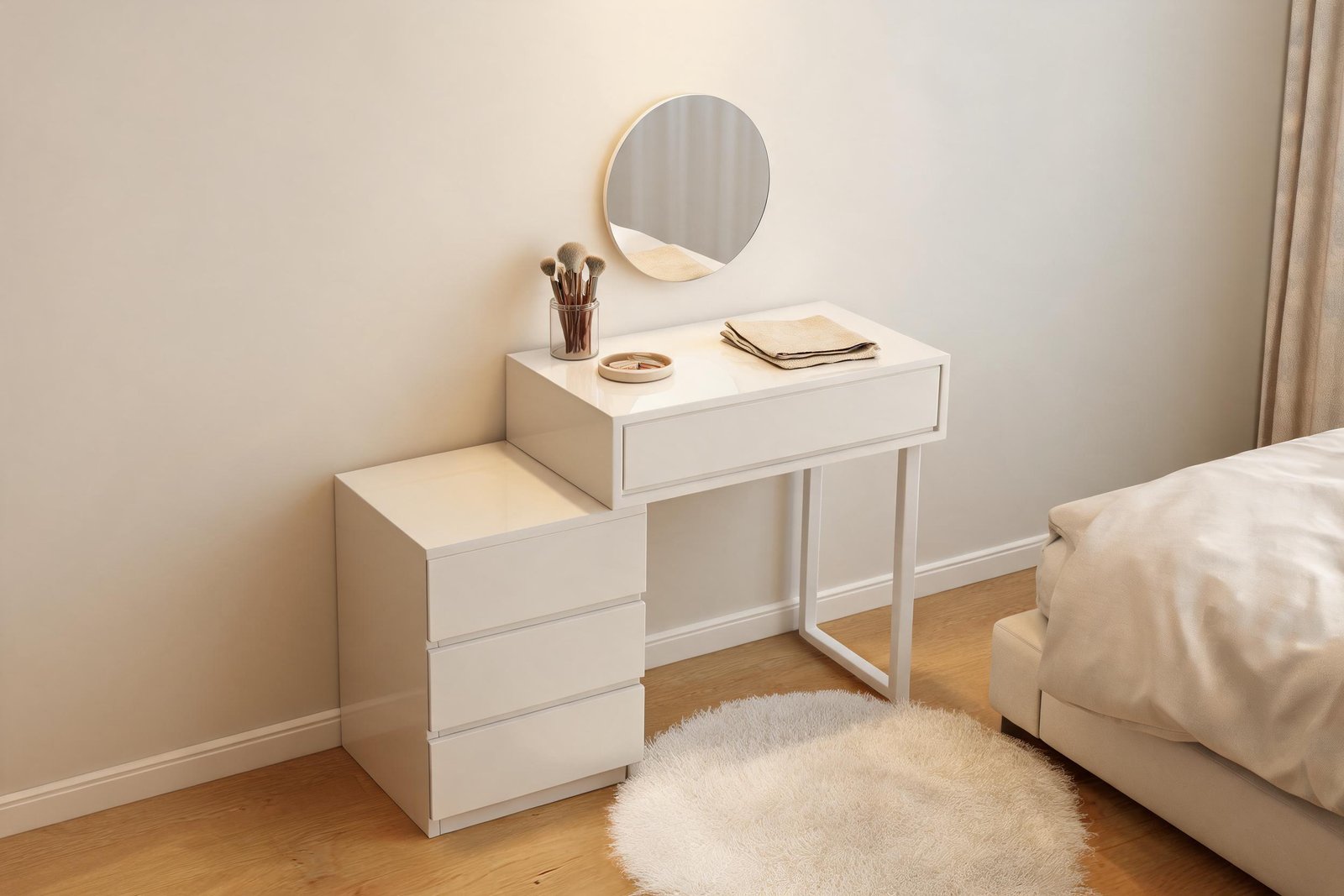 Home 30 Vanity desk for small bedroom use, glossy white desk with one handleless drawer and a separate three drawer cabinet in a small cream bedroom