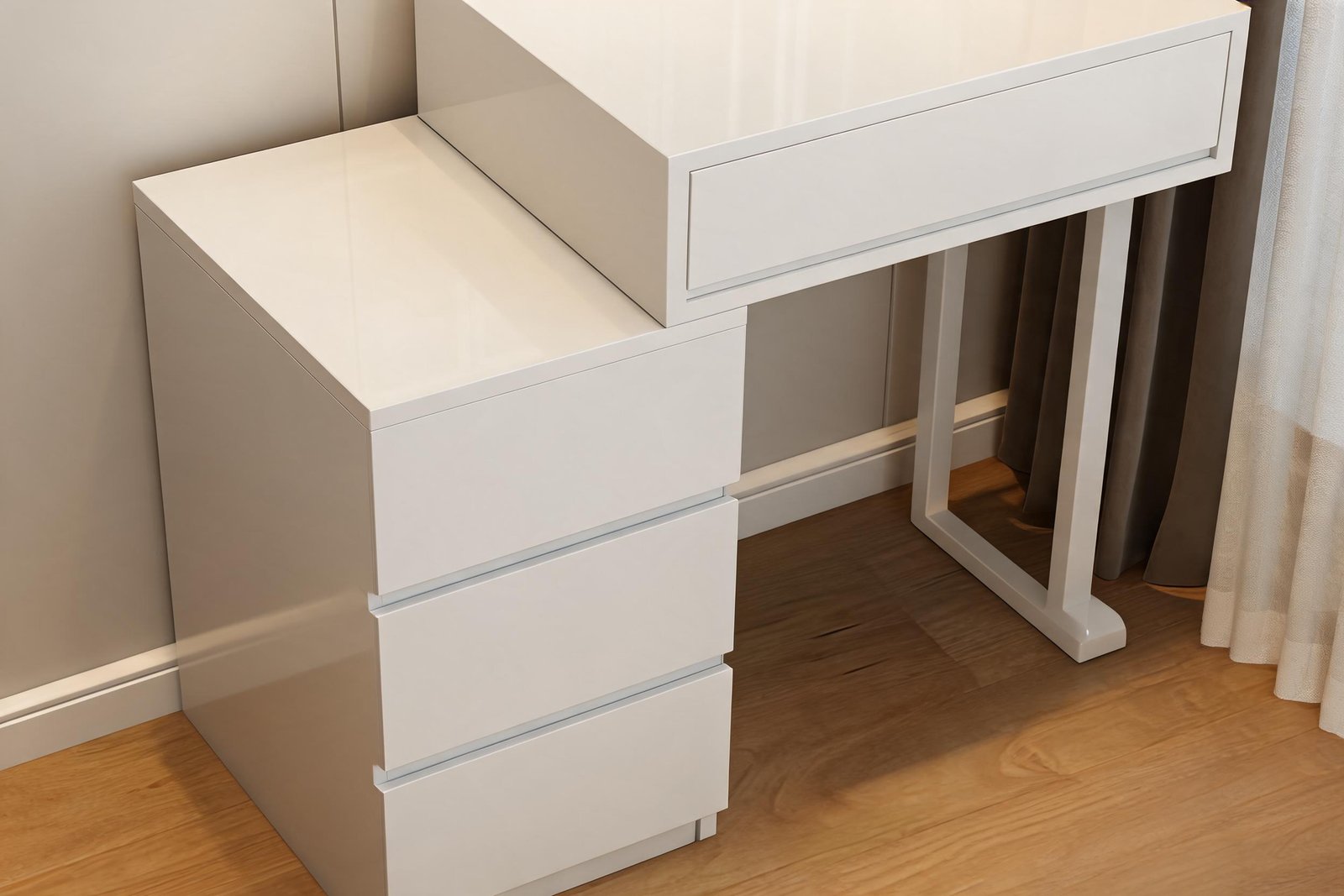 Close up of the handleless drawer fronts on a vanity desk for small bedroom use and the joint where the three drawer cabinet meets the desk
