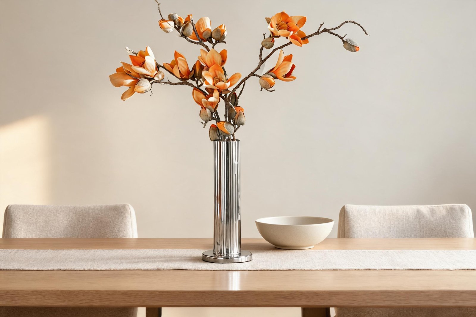 Vase height for dining table sightline: seated eye level view across a dining table with a fluted steel vase and low branches