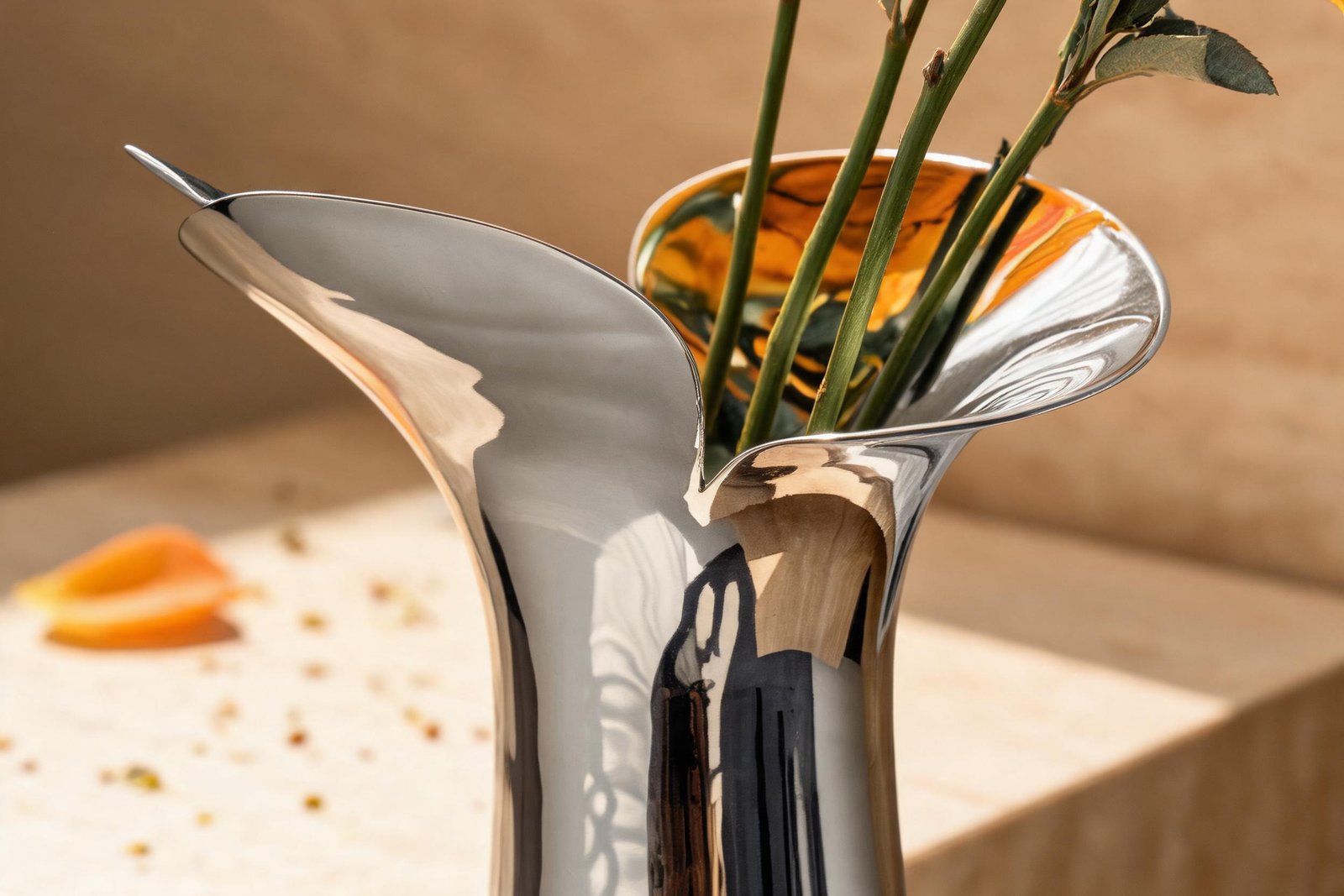 What Vase Mouth Size Fits One Stem or a Bunch? 2 Close view of a vase mouth size that fans five thin stems across a tilted petal lip