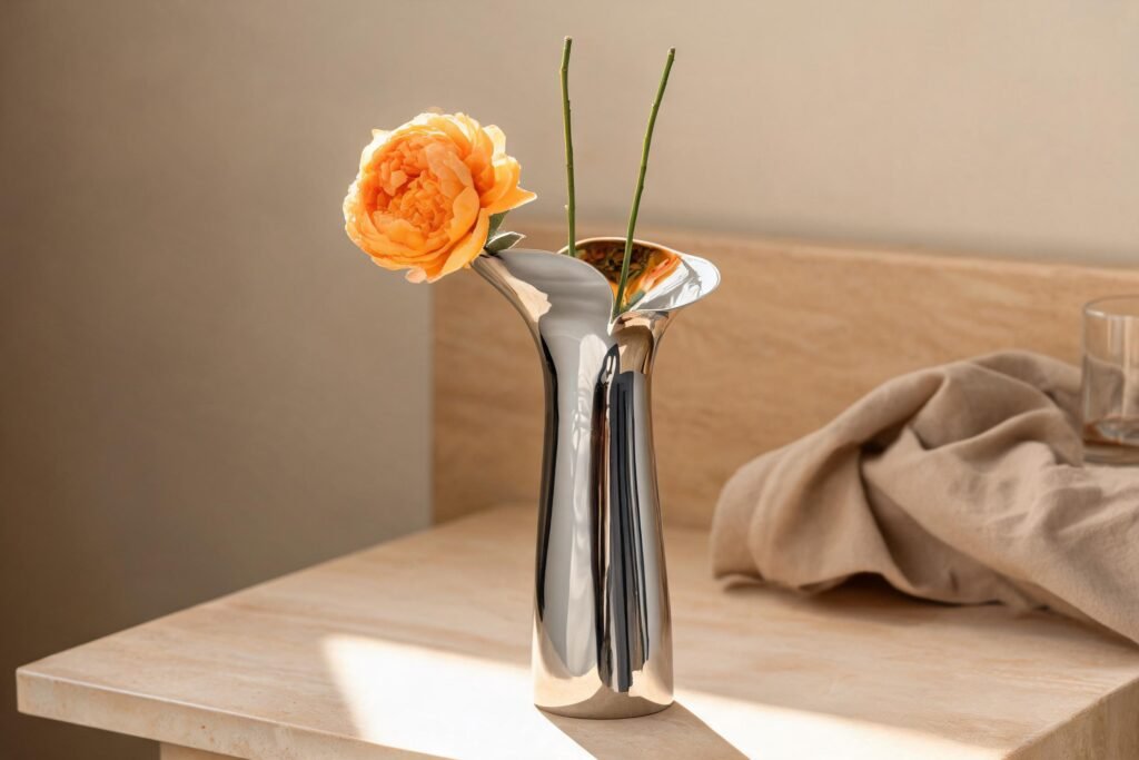 Vase mouth size in use: mirror-polished petal vase holding three stems on a travertine console
