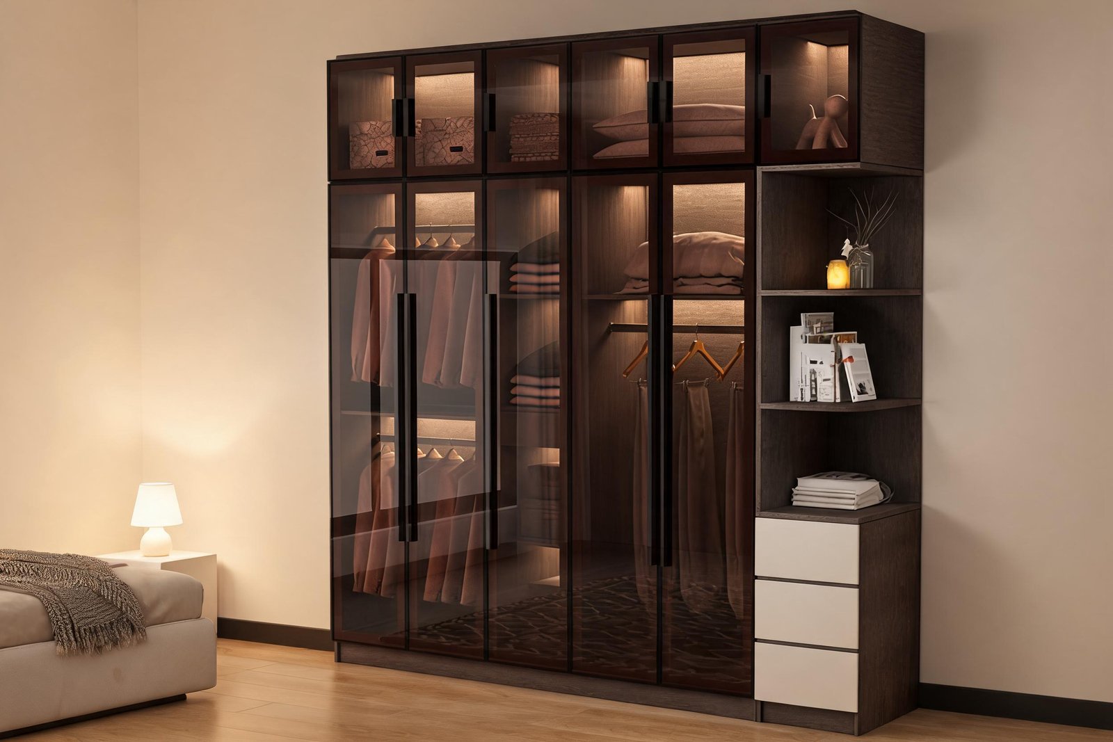 Wardrobe lighting ideas in practice: a dark walnut glass door wardrobe with lights glowing warm inside, read as soft lit panels in a cream minimalist bedroom at night