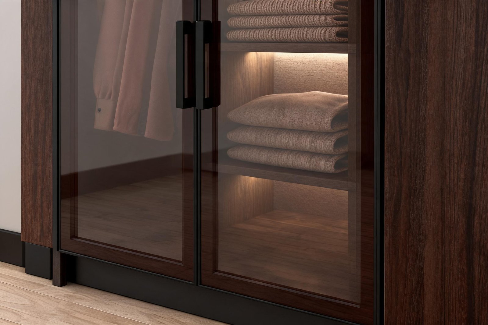 Close up of a smoked tinted glass door and slim black bar handle on a wardrobe with LED lights, the warm LED strip glowing along the shelf lip behind the glass