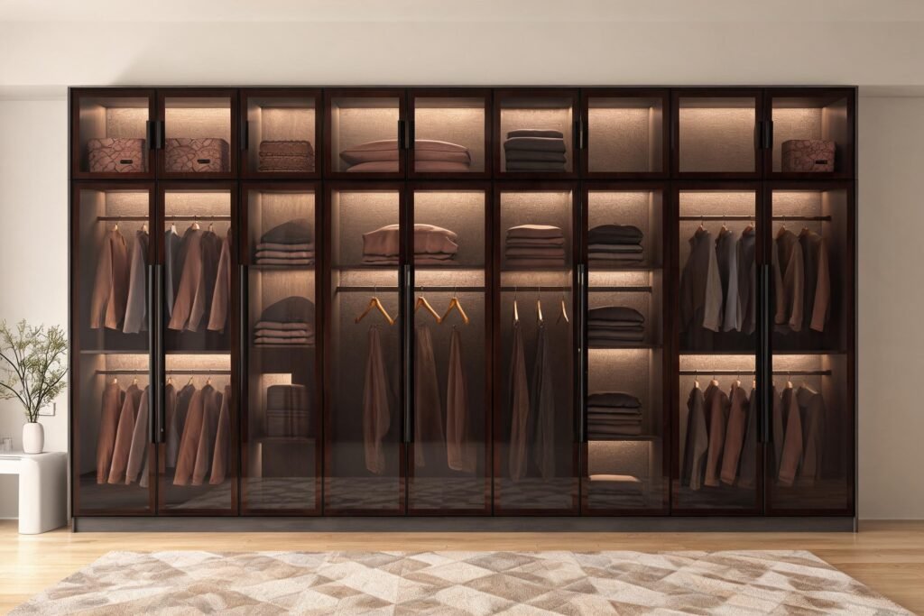 Wardrobe with LED lights: a full height dark walnut wood grain wardrobe with smoked tinted glass doors in slim black frames, warm interior LED strips glowing through every section in a cream bedroom