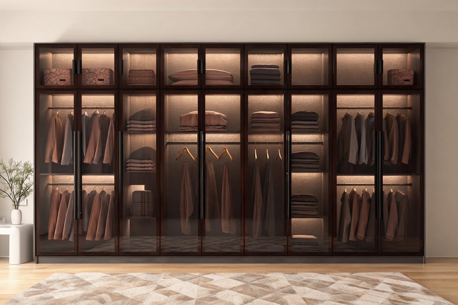Wardrobe with LED lights: a full height dark walnut wood grain wardrobe with smoked tinted glass doors in slim black frames, warm interior LED strips glowing through every section in a cream bedroom