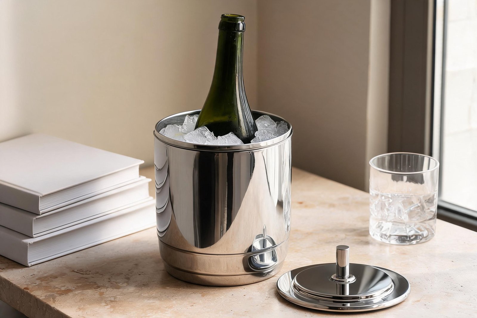 Wine bottle ice bucket holding one 750 ml bottle packed in ice, lid set down beside it