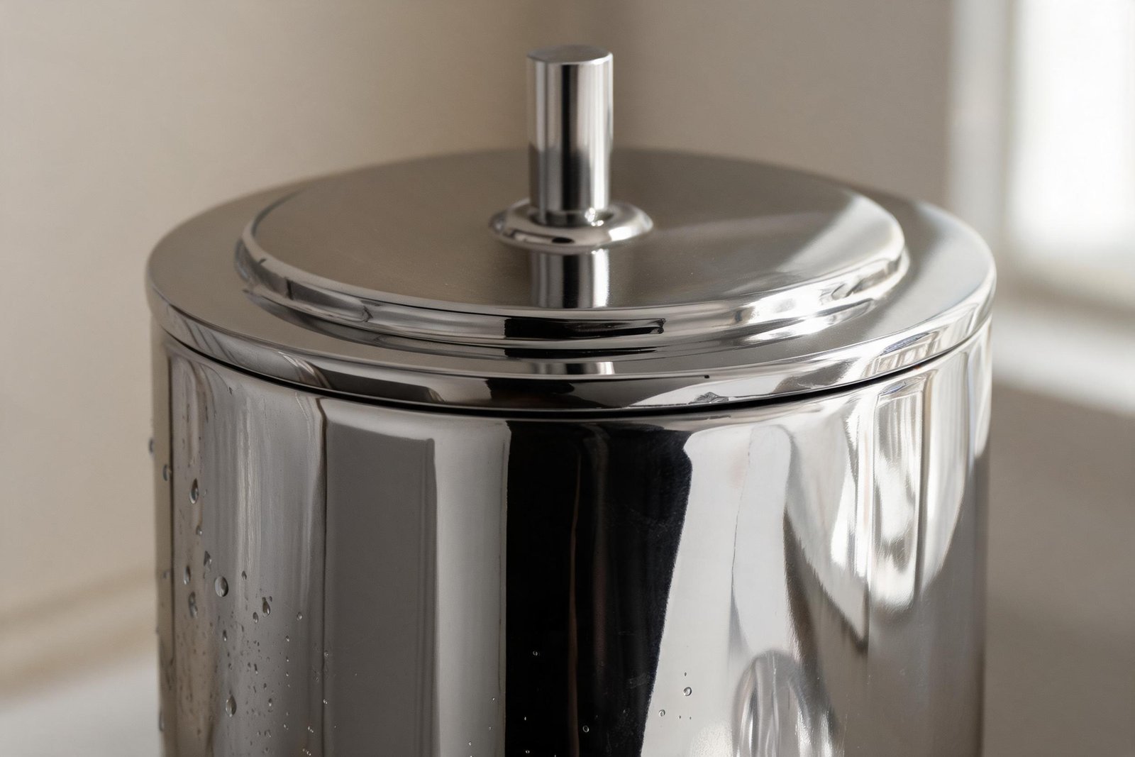 Macro detail of a wine bottle ice bucket lid seam, machined knob and condensation
