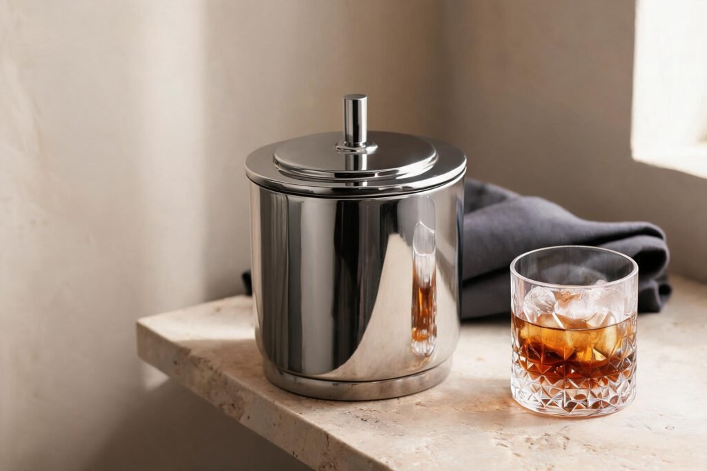 Wine bottle ice bucket with flat lid and machined bar knob on a travertine side table